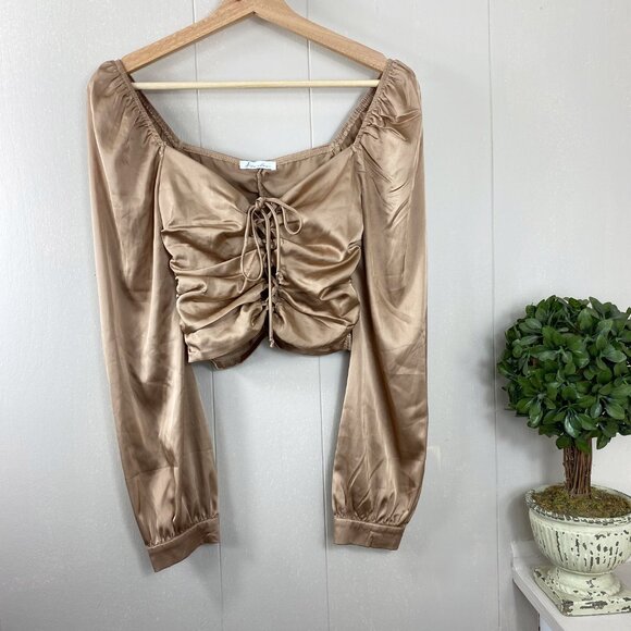 Starlow Brown Front Tie Long Sleeve Crop Top Size X-Small - Picture 9 of 9